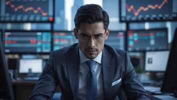 Business professional analyzes data in a high-tech trading room during a busy market day photo