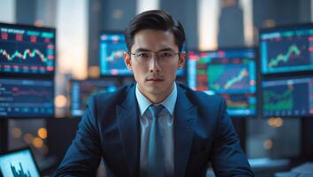 Focused financial analyst working in a modern office surrounded by multiple screens displaying stock market data photo