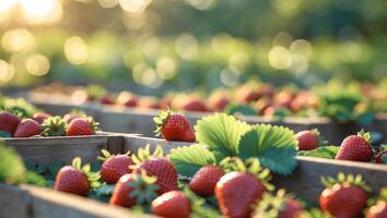 Fresh strawberries harvested at a sunny farm in summer, showcasing vibrant colors and lush green leaves photo