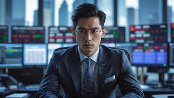 Business professional concentrates on market analysis in a modern financial office during daylight hours photo