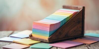 Colorful index cards neatly arranged in a wooden holder create an organized workspace in a bright setting photo