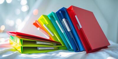 Colorful binders arranged in a haphazard stack on a soft surface illuminated by soft light photo