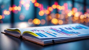 Business reports and charts displayed on a desk with glowing lights in the background during evening hours photo