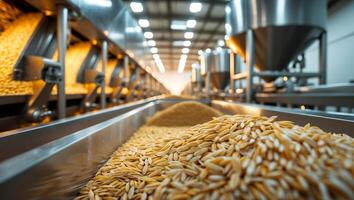 Grain processing facility showcases an automated production line during daylight hours photo