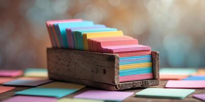 Colorful index cards in a wooden box create an organized display perfect for studying or crafting activities photo