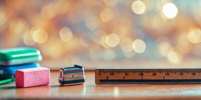 Various stationery items including an eraser, sharpener, and ruler arranged on a wooden surface with blurred background lights photo