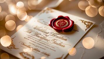 Elegant wedding invitation with wax seal on a decorative background illuminated by soft bokeh lights photo