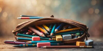 Colorful assortment of pencils and erasers spilling out of a leather pencil case on a rustic wooden table photo