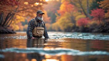 Man wades through a river during autumn surrounded by colorful foliage and warm evening light photo
