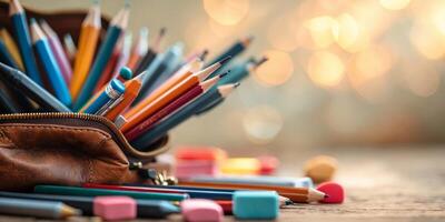 Colorful assortment of pencils and erasers in a leather case on a wooden table with blurred background photo