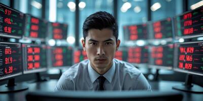 Young man focused on stock market analysis surrounded by multiple screens displaying financial data in a trading room setting photo