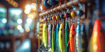 Colorful fishing lures displayed on hooks in a rustic store atmosphere during daylight photo