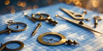 Collection of vintage drafting tools arranged on a blue grid paper with a warm bokeh background during a sunny afternoon photo