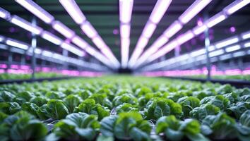 Hydroponic farming system growing fresh lettuce under vibrant LED lights in a controlled environment photo
