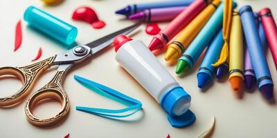 Craft supplies arranged on a table with scissors, glue, and colorful crayons during a creative session photo