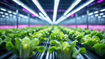 Fresh lettuce growing in a modern indoor vertical farm with LED lighting during evening hours photo