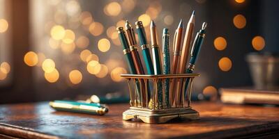 Elegant writing instruments in a decorative holder on a wooden desk with soft bokeh lighting at twilight photo
