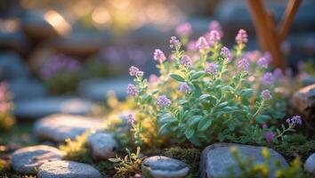 Beautiful purple flowers blooming among smooth stones in a tranquil garden setting during golden hour light photo