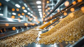 Grains being processed in a modern facility with bright lights and a clean environment photo