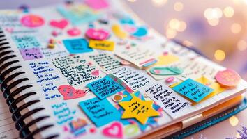 Creative journal filled with colorful notes and decorations in cozy indoor setting during evening hours photo