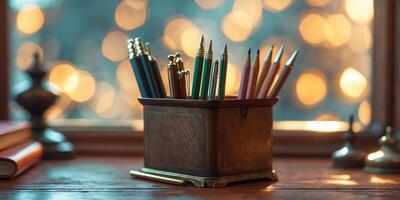 Elegant desk setup with writing instruments against a warm bokeh background during golden hour photo