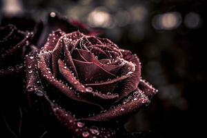 a dark rose with water droplets on it photo