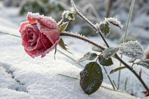 a single rose is covered in snow photo