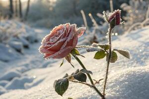 a single rose is standing in the snow photo