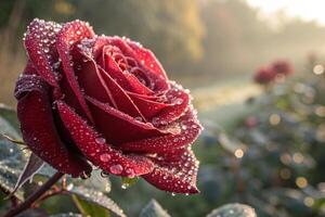 red rose with dew drops on it in he morning photo