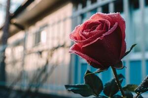 a rose is in front of a fence photo