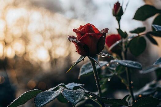 a red rose is shown in the sun with frost on it photo