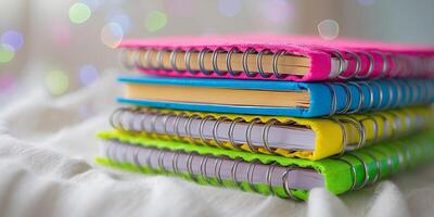 Colorful spiral notebooks stacked on a soft surface creating a vibrant stationery display photo