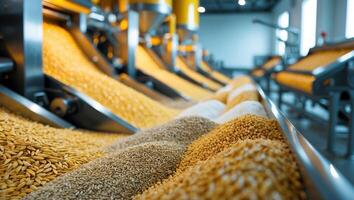 Grain processing facility showcasing various types of grains in a modern industrial setting photo