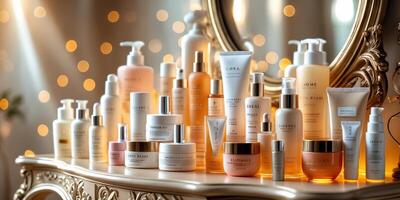 Elegant display of skincare products arranged on a vintage vanity with soft lighting and bokeh background photo