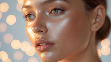 Close-up of a woman with glowing skin and soft facial features amidst a warm bokeh background in a serene indoor setting photo