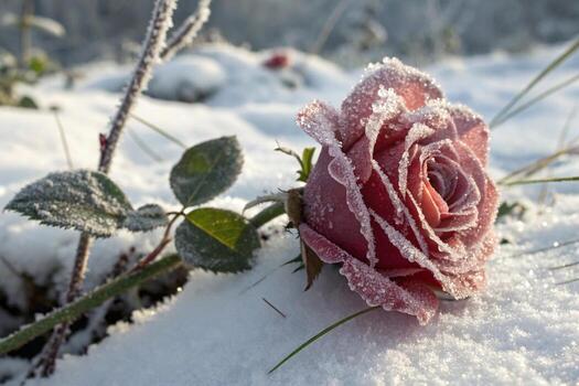 a rose is covered in snow on a field photo