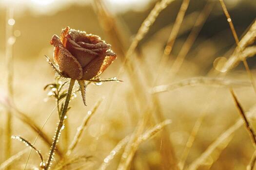a single rose is standing in a field with dew photo