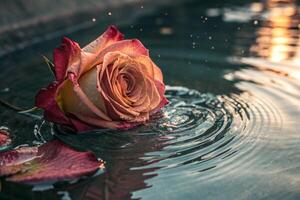 a rose is floating in water with a drop of water view photo