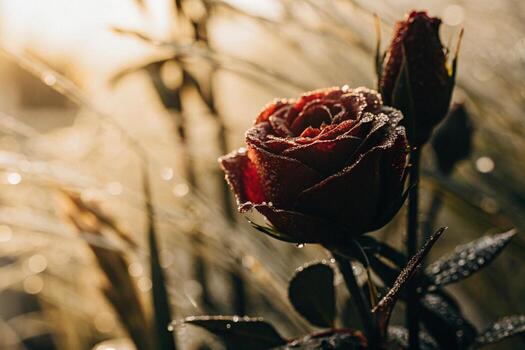 a red rose is in the sun with dew on it photo
