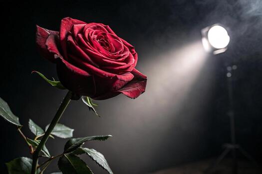 a red rose in front of a light photo