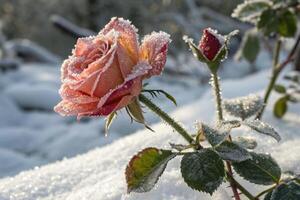 a rose is covered in snow in the winter photo