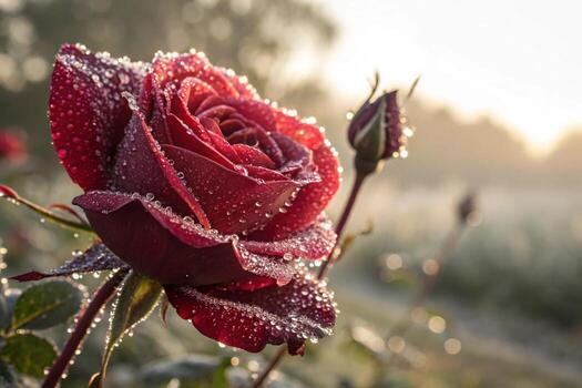 red rose with dew on it in the morning photo