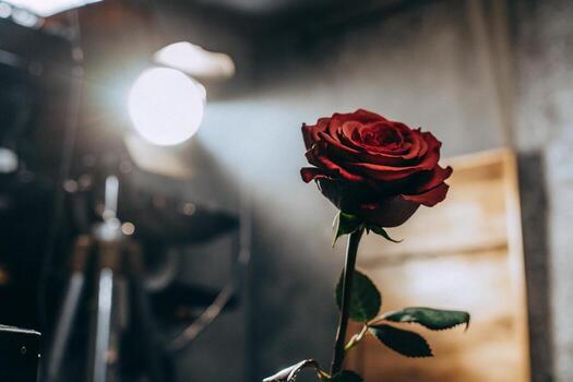 a single red rose in a vase with a light behind it photo