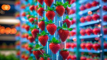 Freshly harvested strawberries growing in a vertical farm during daylight in an urban setting photo
