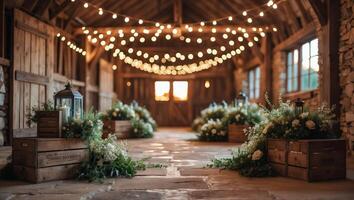Elegant rustic venue decorated with string lights and floral arrangements for a special event in the evening photo