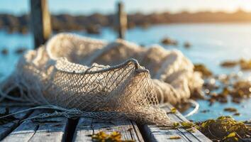 Fishing net resting on wooden dock by calm water during golden hour with seaweed surrounding photo