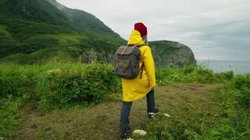 Woman Backpacker Enjoying Seaview From Top Of Mount, Unity Of Human And Nature, Person And Element video