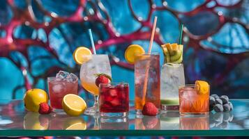 A vibrant assortment of colorful fruit cocktails showcases refreshing summertime indulgence and mixology artistry. photo