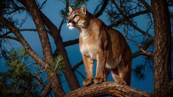 A poised mountain lion sits in a tall pine tree, its gaze fixed on the horizon, with an evening sky. photo