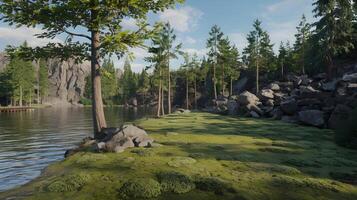 A stunning lakeside view with towering trees and rugged rocks creates a peaceful nature scene. photo
